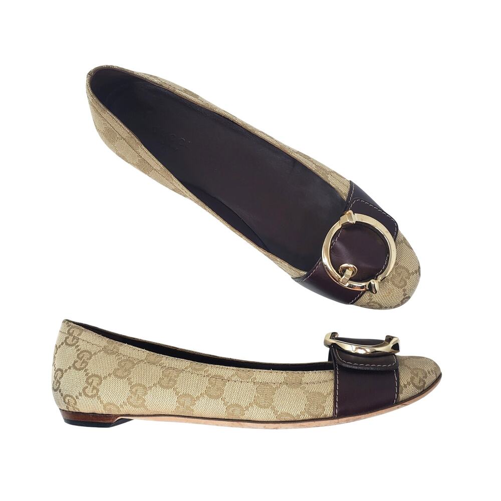 Vintage Gucci Monogram Flats Canvas Ring Buckle Brown Leather Gold Size 8.5